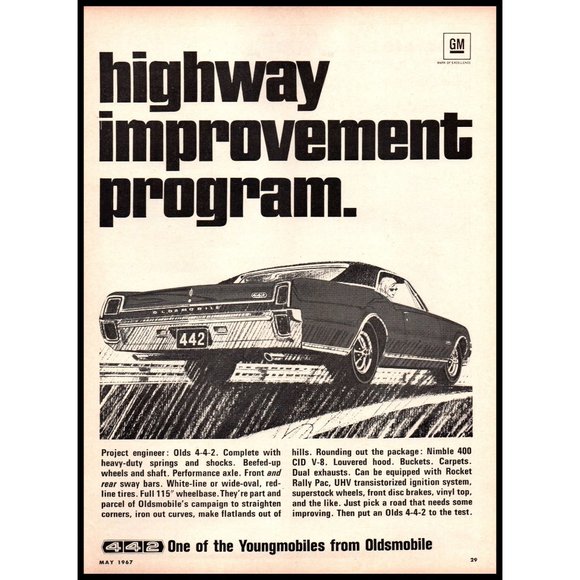1967 Oldsmobile 4-4-2 Coupe Vintage Print Ad Highway Improvement Program Art - Picture 1 of 1